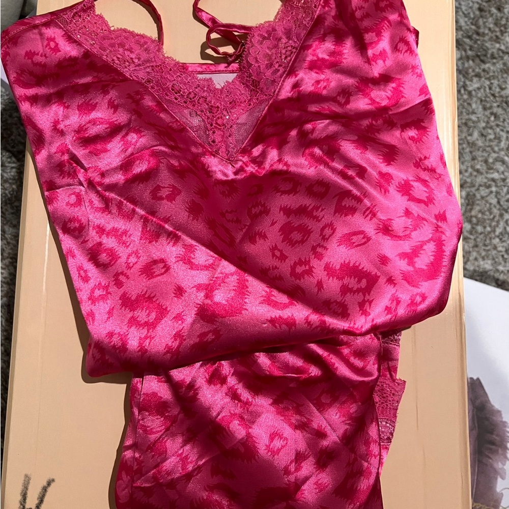 Pink Lace Trim Satin Pajama Set